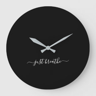 Just breathe black elegant script yoga large clock