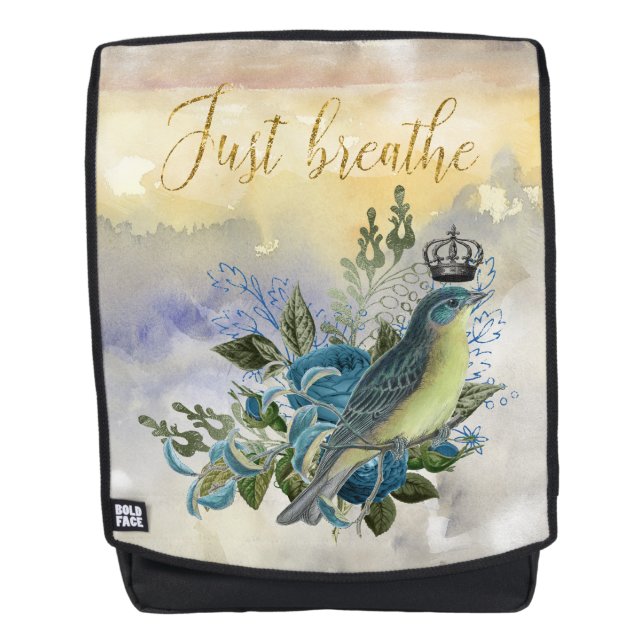 Just Breathe Blue Bird Collage Backpack (Front)