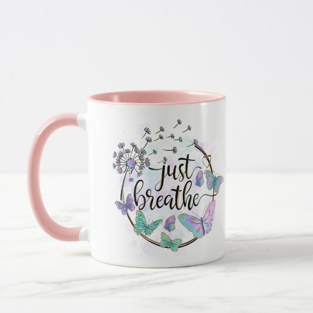 Just Breathe Butterflies Dandelion Self Care Yoga Mug (Left)