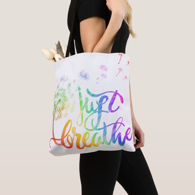 Just breathe |  dandelion blowing in the wind  tote bag (Close Up)