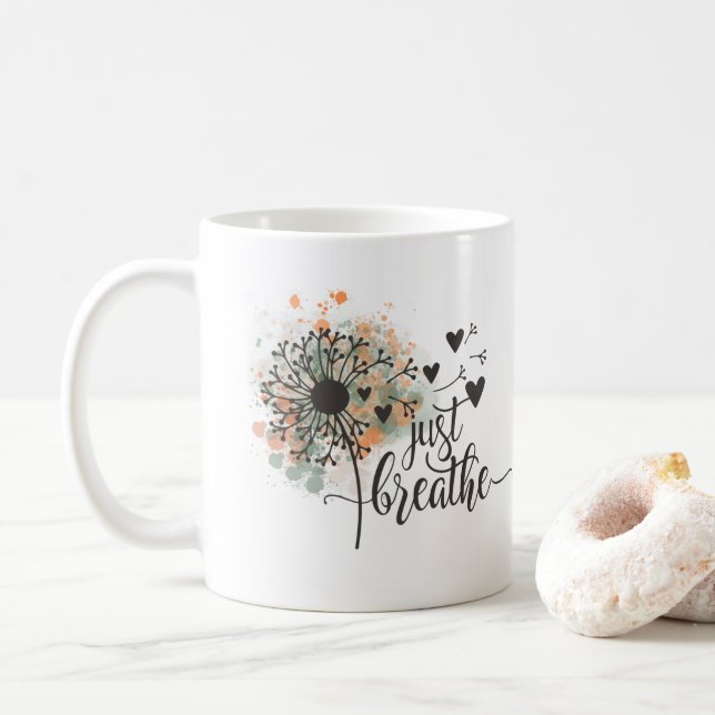 Just Breathe Dandelion with Hearts Yoga Encourage  Coffee Mug (With Donut)