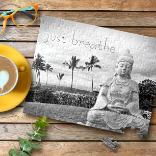 Just Breathe Hawaii Buddha Black and White Photo Jigsaw Puzzle