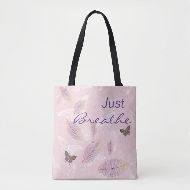 Just Breathe Leaves Butterflies Pink Tote Bag (Front)
