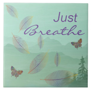 Just Breathe Leaves Butterfly Green Mountain Ceramic Tile