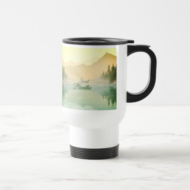 Just Breathe Mountain Forest Gold Green Travel Mug (Right)