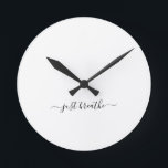Just breathe simple black script yoga round clock<br><div class="desc">Modern yoga clock with a simple white background and a hand lettered black script with the quote "just breathe".</div>