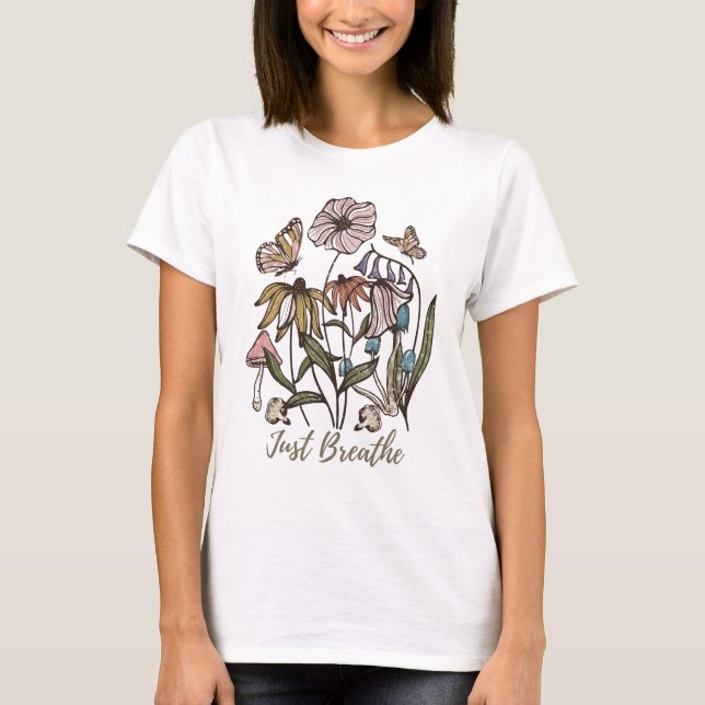 Just Breathe-Wildflower-Yoga-Nature-Cute T-Shirt (Front)