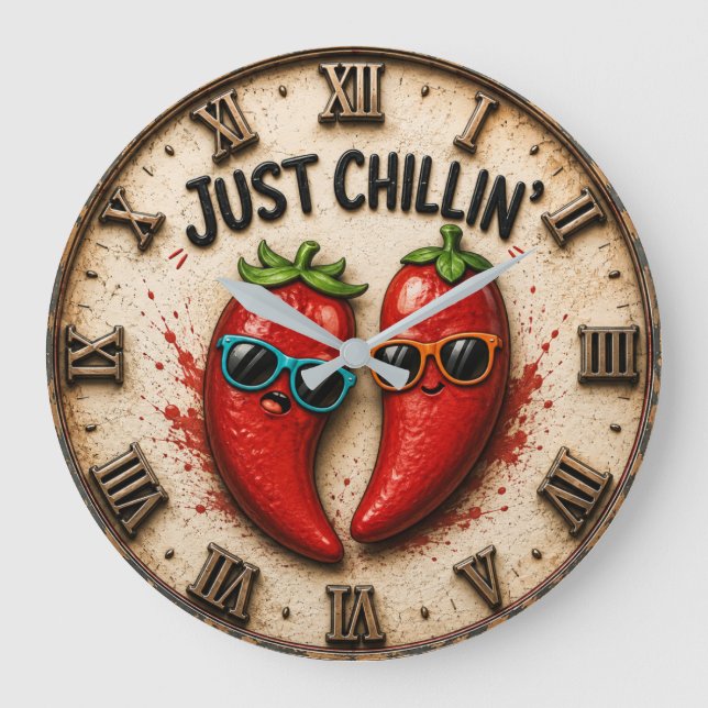 Just Chillin' Funny Chili Pepper Kitchen Humor  Large Clock (Front)