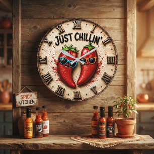 Just Chillin' Funny Chili Pepper Kitchen Humor Large Clock