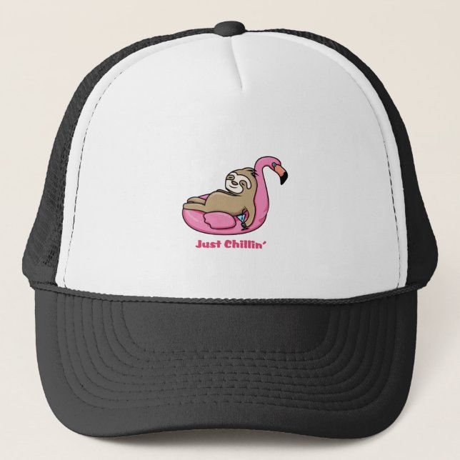 JUST CHILLIN' - Lazy Sloth & Pink Flamingo Trucker Hat (Front)