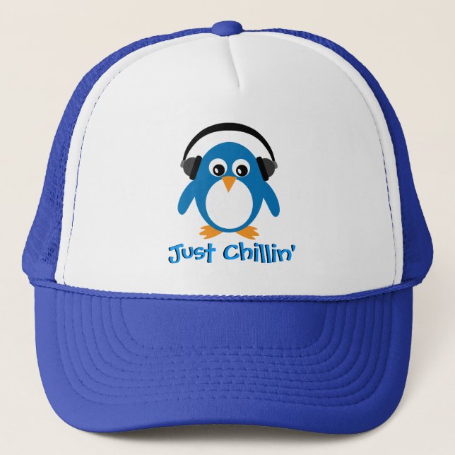 Just Chillin' Penguin With Headphones Trucker Hat (Front)