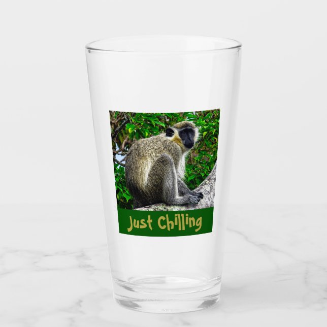 "Just Chilling" Green Monkey Print Glass (Front)