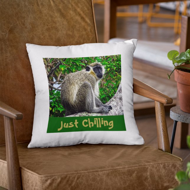 "Just Chilling" Green Monkey Print Throw Pillow (Creator Uploaded)