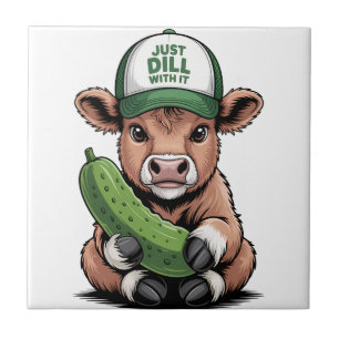 Just Dill with It Cow PNG, Funny Pickle Ceramic Tile