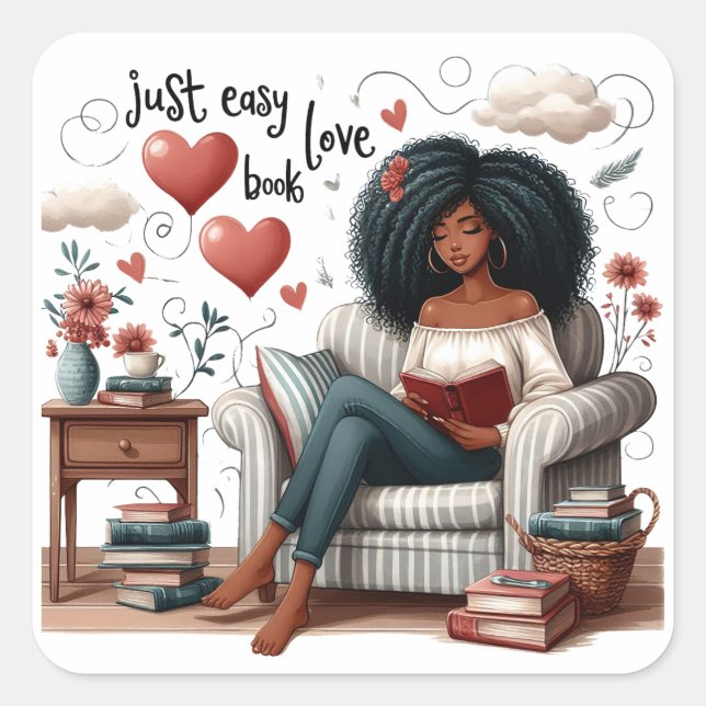 Just Easy Love Book, African American Girl Reading Square Sticker (Front)