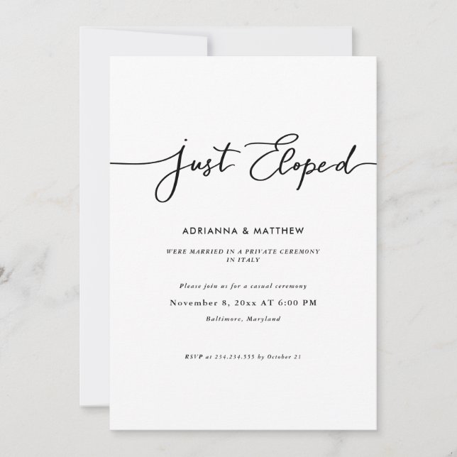 Just Eloped Simple Script Handwritten Reception  Invitation (Front)
