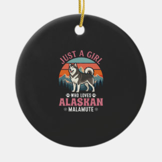Just Girl Alaskan Malamute Dog Retro Sunset Mounta Ceramic Ornament