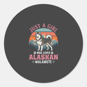 Just Girl Alaskan Malamute Dog Retro Sunset Mounta Classic Round Sticker