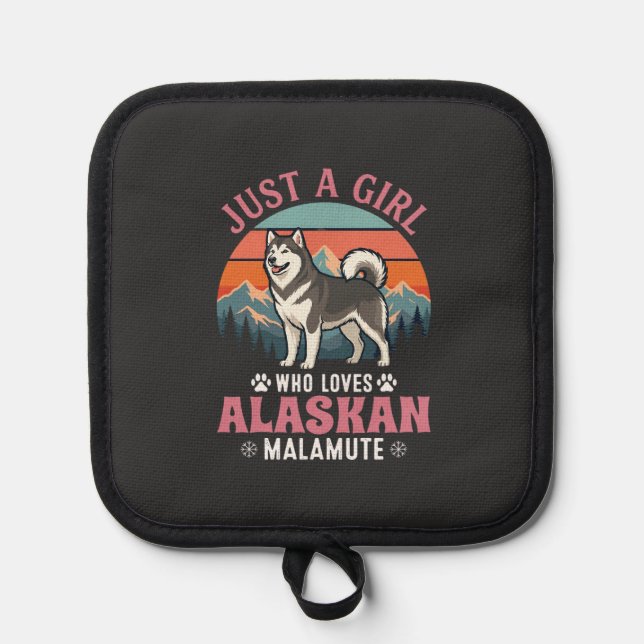 Just Girl Alaskan Malamute Dog Retro Sunset Mounta Pot Holder (Front)