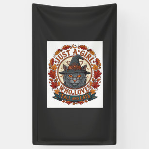 Just Girl Who Loves Cats Halloween Witch Fall Leav Banner