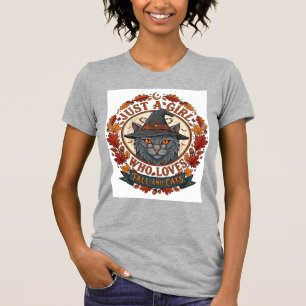 Just Girl Who Loves Cats Halloween Witch Fall Leav T-Shirt