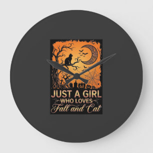 Just Girl Who Loves Fall Cat Halloween Moon_1 Large Clock