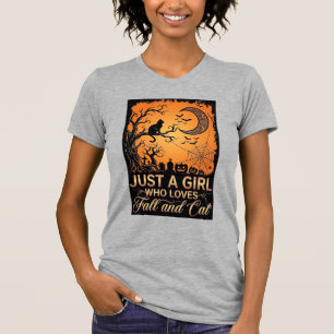 Just Girl Who Loves Fall Cat Halloween Moon_1 T-Shirt