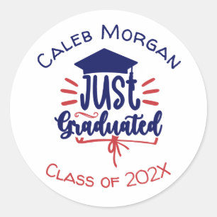 Just Graduated Red & Blue Personalised Classic Round Sticker