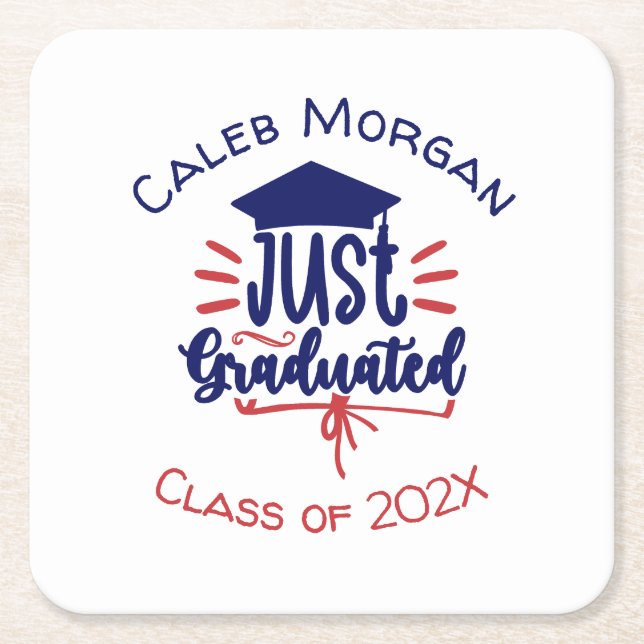 Just Graduated Red & Blue Personalised Square Paper Coaster (Front)