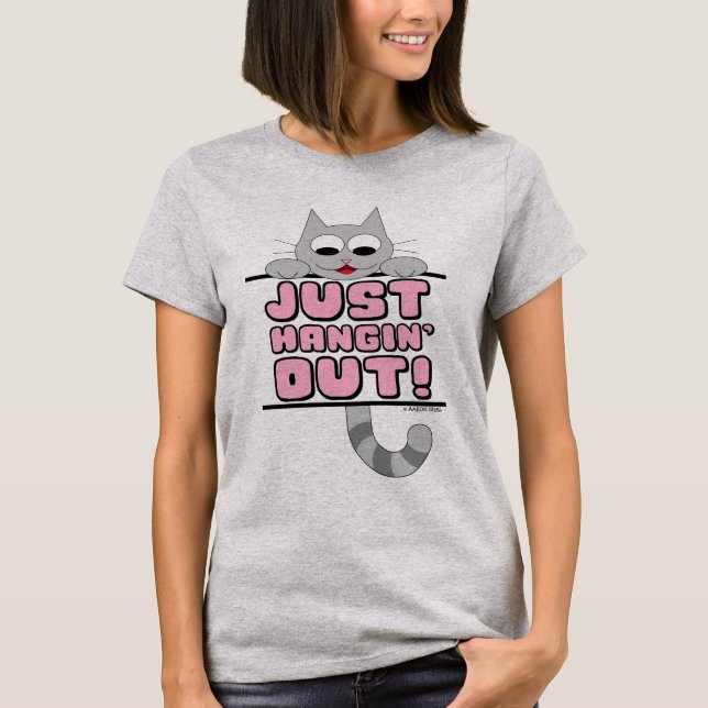 JUST HANGIN' OUT! Cute Cat Pink T-Shirt (Front)