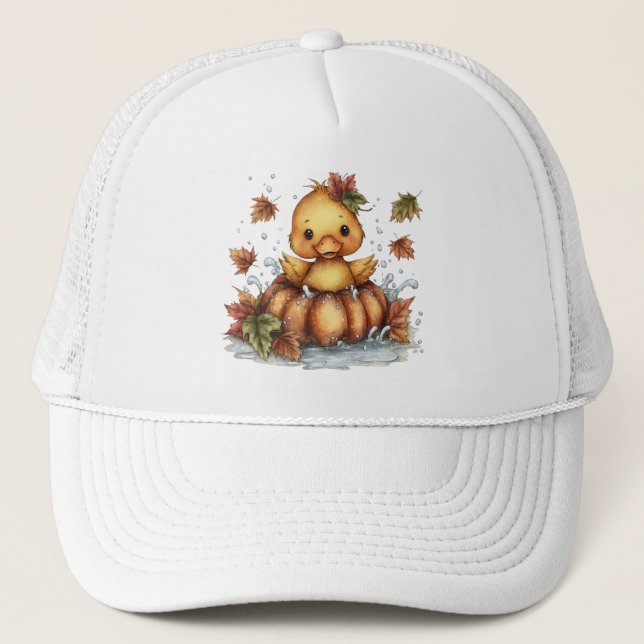 Just hanging around, Fall Duck Playing In Pumpkin Trucker Hat (Front)