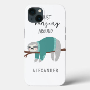 Just hanging around fun bright cartoon sloth iPhone 13 case