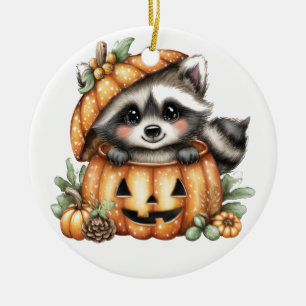 Just hanging around, Playful Racoon In Pumpkin Ceramic Ornament