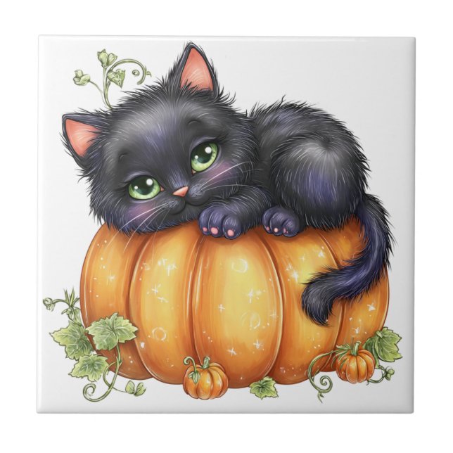 Just hanging around, Resting Kitten In Pumpkin Ceramic Tile (Front)