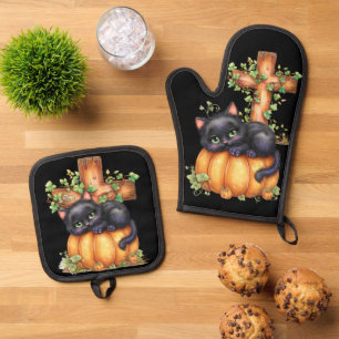 Just hanging around, Resting Kitten In Pumpkin Oven Mitt & Pot Holder Set
