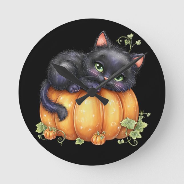 Just hanging around, Resting Kitten In Pumpkin Round Clock (Front)