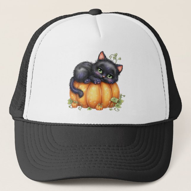 Just hanging around, Resting Kitten In Pumpkin Trucker Hat (Front)