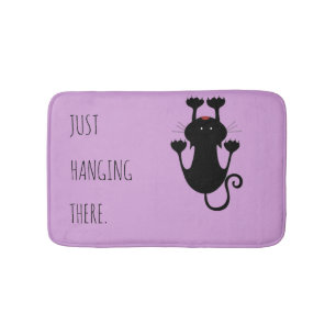 Just hanging there black cat cartoon funny text bath mat