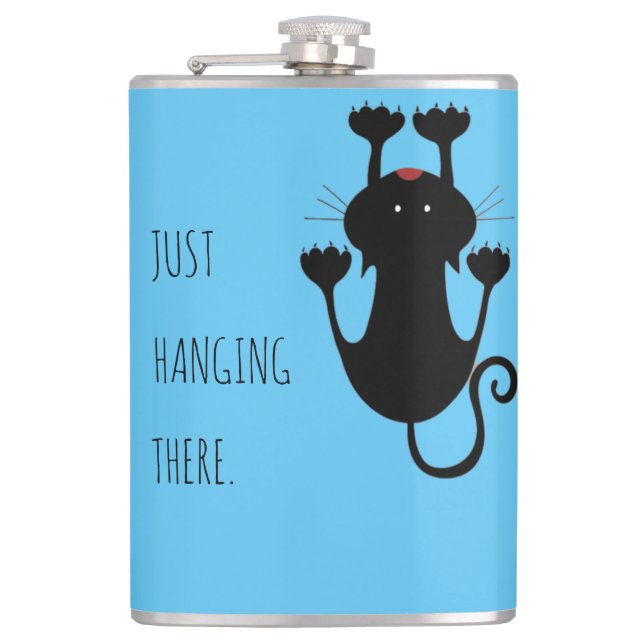 Just hanging there black cat cartoon funny text hip flask (Front)