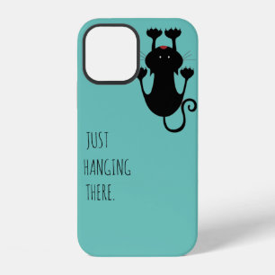 Just hanging there black cat cartoon funny text iPhone 12 case