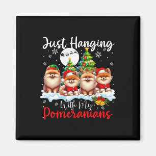 Just Hanging With My Pomeranians Xmas Three Santa Magnet