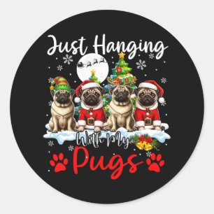 Just Hanging With My Pugs Xmas Three Santa Dogs Lo Classic Round Sticker