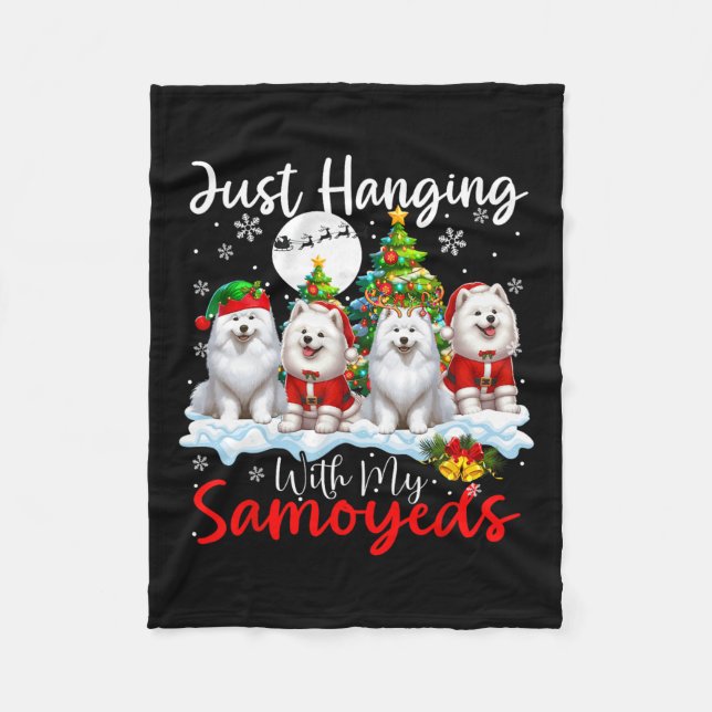 Just Hanging With My Samoyeds Xmas Three Santa Dog Fleece Blanket (Front)