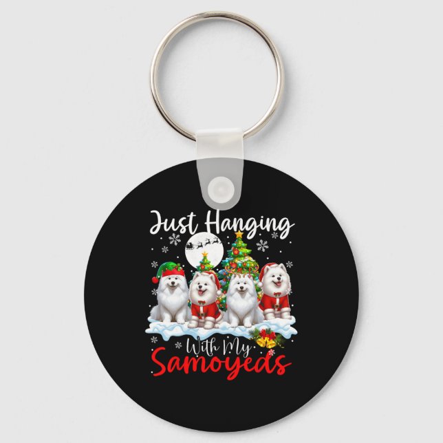 Just Hanging With My Samoyeds Xmas Three Santa Dog Key Ring (Front)