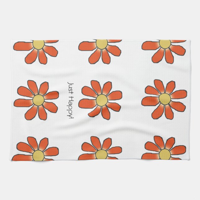 JUST HAPPY Graphic Floral Pattern Tea Towel (Horizontal)