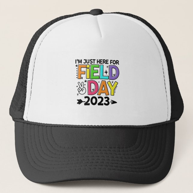 Just Here For Field Day 2023 Peace Sign Teacher St Trucker Hat (Front)