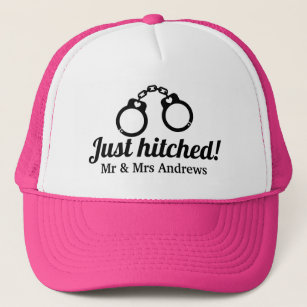 Just hitched handcuffs trucker hat for newly weds