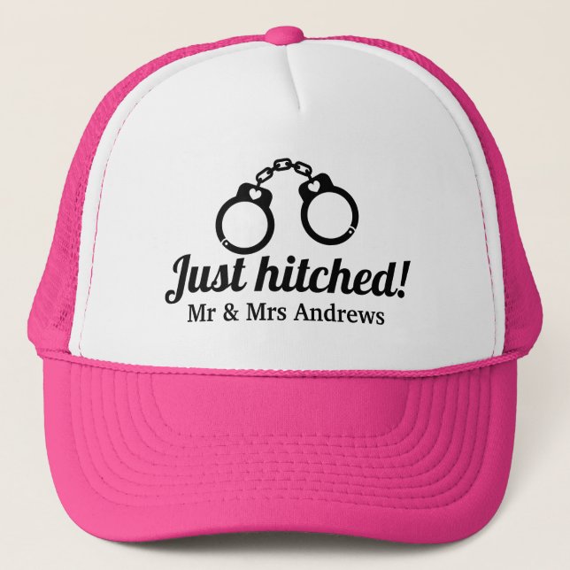 Just hitched handcuffs trucker hat for newly weds (Front)
