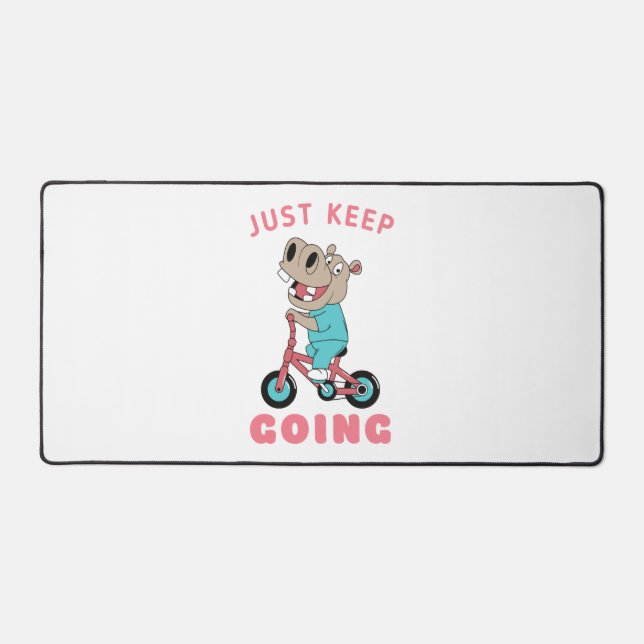 Just Keep Going Cute Hippo Riding Bicycle Desk Mat (Front)