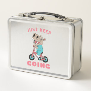Just Keep Going Cute Hippo Riding Bicycle Metal Lunch Box